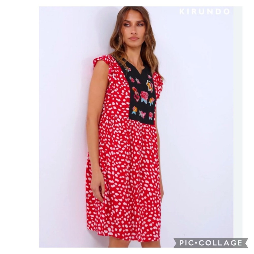 Kirundo Women’s M Red Animal Print Floral Embroidered Mini Dress Boho Lined